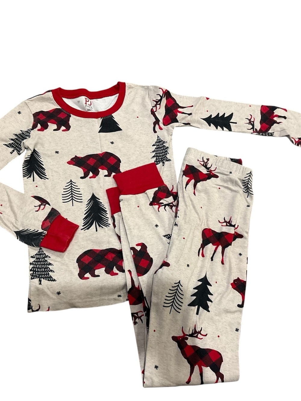 Kids Cream Buffalo Plaid Moose & Bear Pajama Set with Red Trim